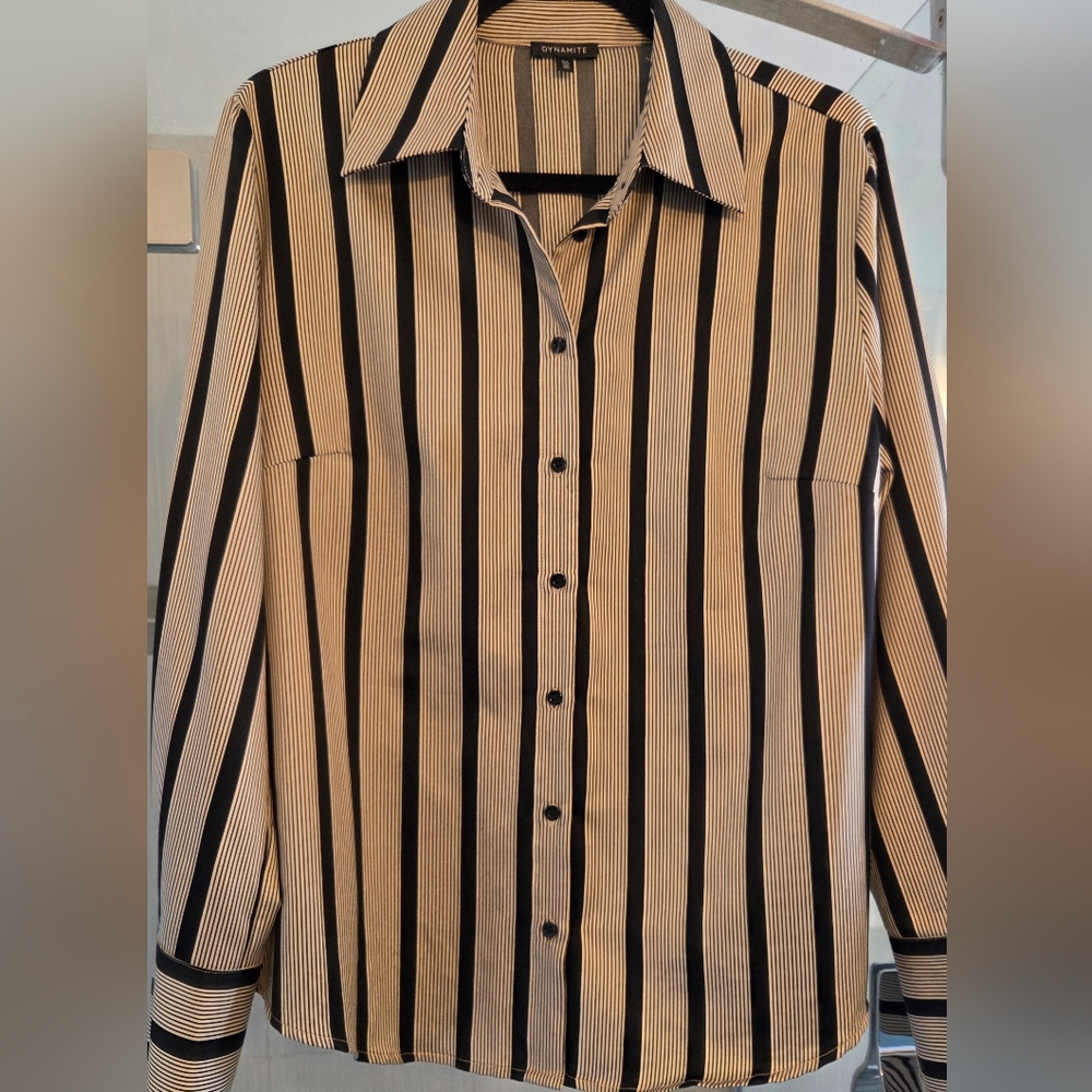 Dynamite Women's Black and Cream Striped Blouse